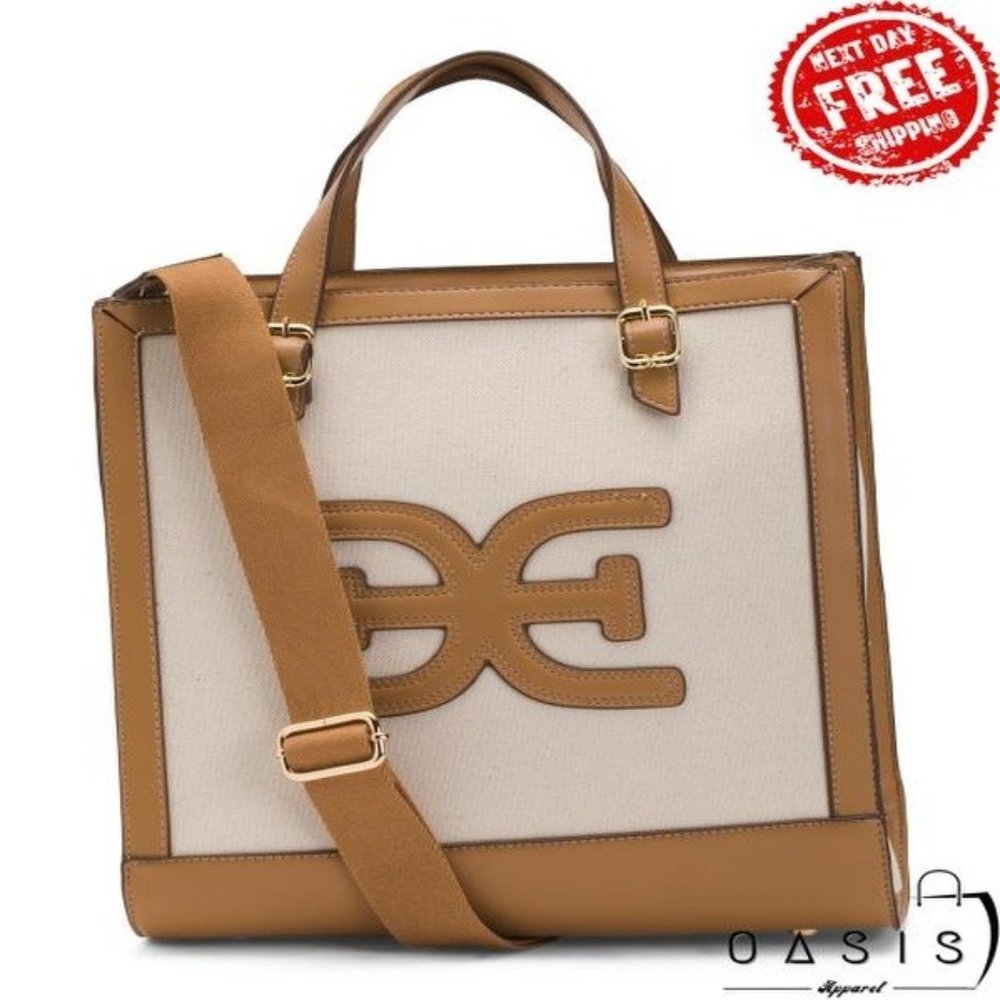 SAM EDELMAN Canvas Logo Large Tote With Saddle Trim And Shoulder Strap/ Women's
